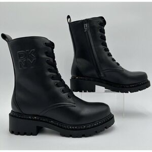 *NEW* Women Size 7.5 DKNY Rommily Lace Up Combat Boot With Studs Rhineones Black